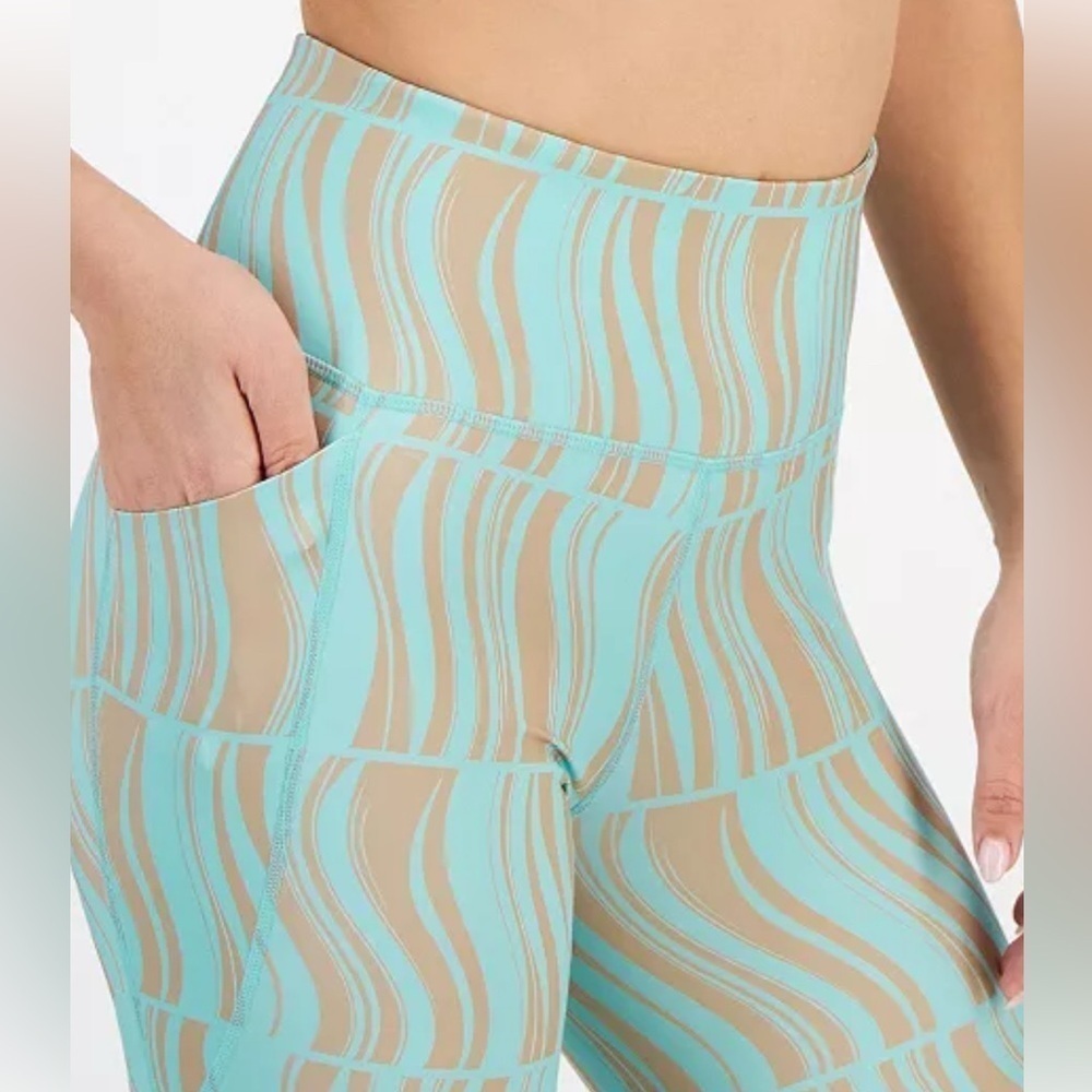 Ideology 7/8 Compression Leggings Blue Tan Print Pockets Women XL NWT